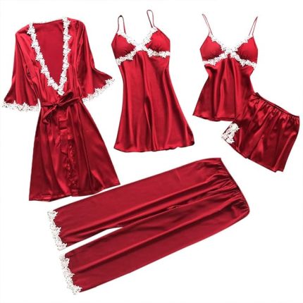 Women's Sleepwear 5 Pcs Suit Sale Lace Trim Satin Robe + Nightgown + Camisole Shorts Pajama Set + Long Pants